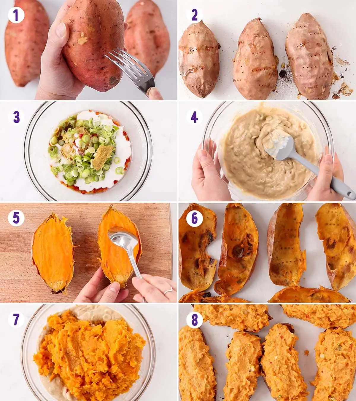 8 image collage showing how to make Thai-inspired Potato Skins