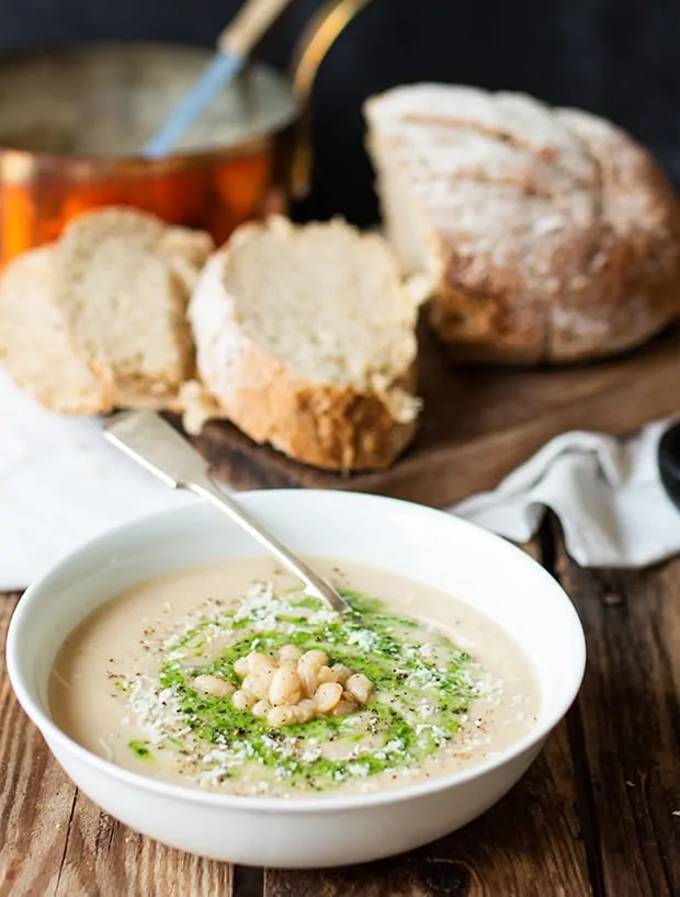 White Bean and Pesto Sou - A creamy and comforting vegetarian soup - without the cream!