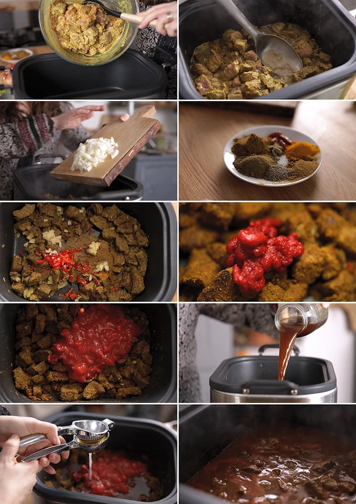 10 image collage showing how to make lighter slow cooked beef curry