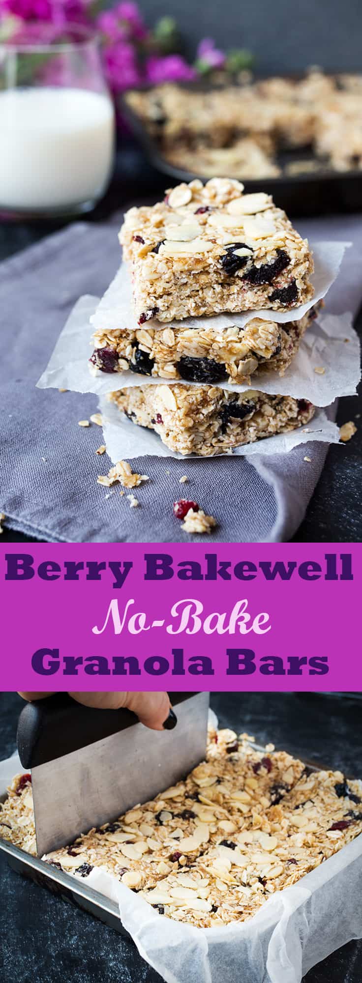 These easy no-bake granola bars come together in minutes and the almond-y berry bakewell flavour is so addictive!