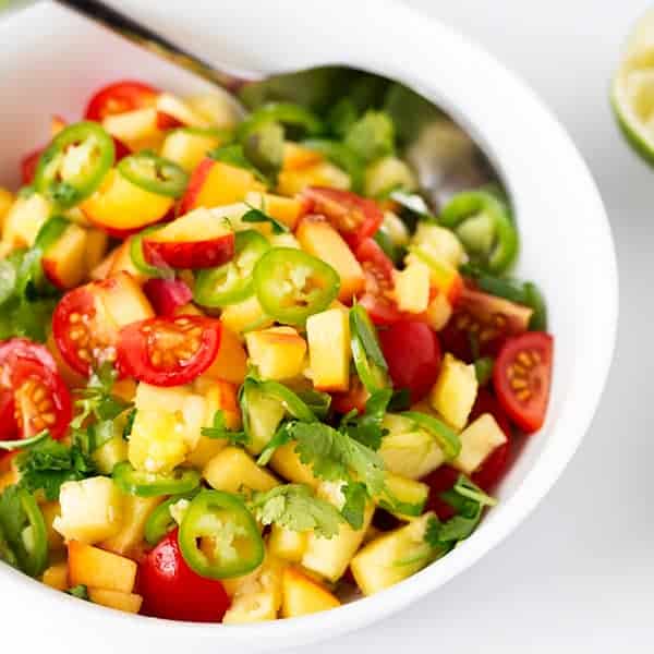 Peach and Pineapple Salsa with a Jalapeño kick.