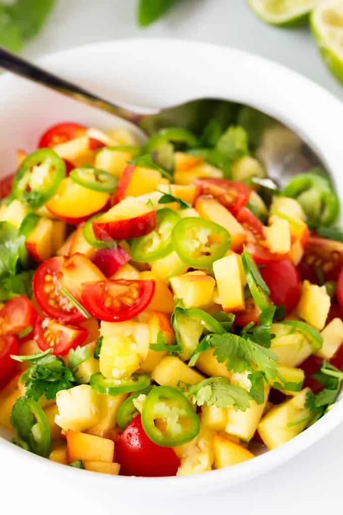 Peach and Pineapple Salsa with a Jalapeño kick.