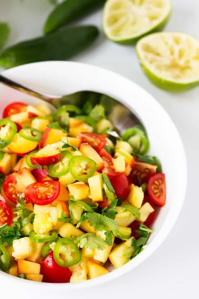 Peach and Pineapple Salsa with a Jalapeño kick.