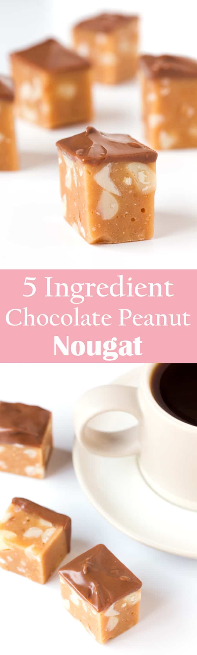 5-Ingredient chocolate Peanut Nougat - no baking, whisking or thermometers needed. Just melt, mix, cool, cut and dip. Sweet, chewy and delicious!