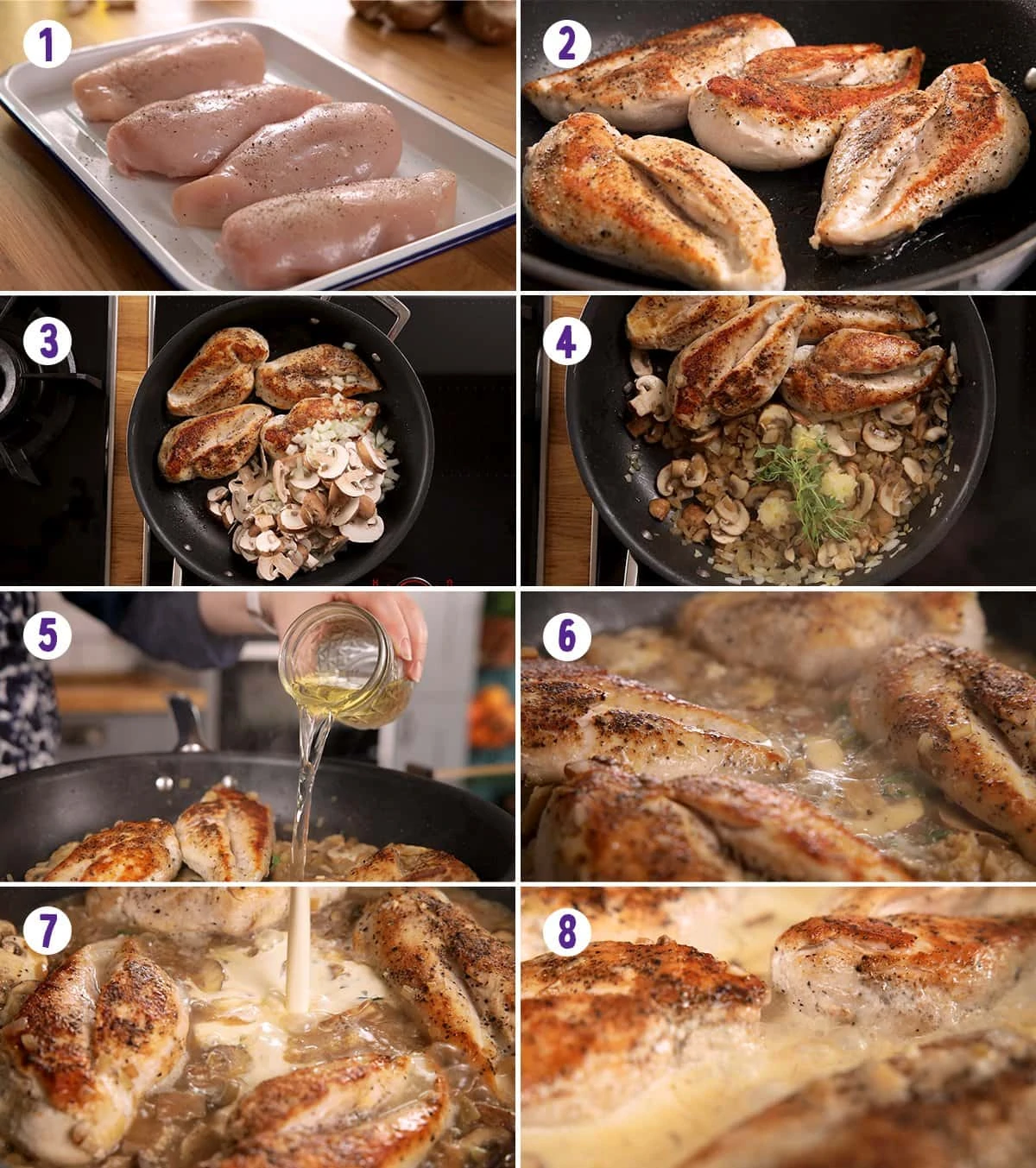 8 image collage showing how to make chicken in creamy white wine sauce