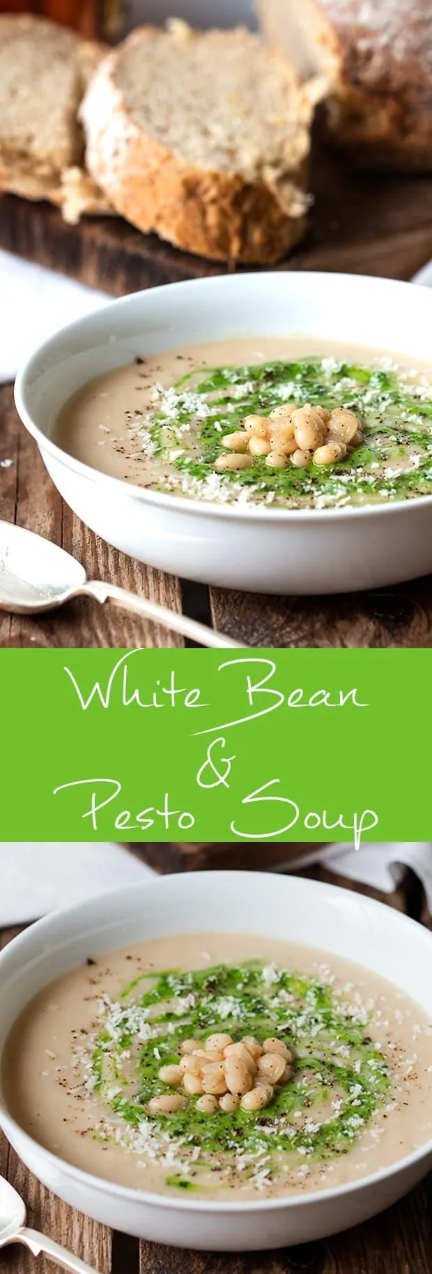 A warming, creamy, white bean soup, swirled with pesto and parmesan.