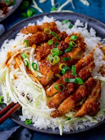 Tonkatsu pork curry on a plate with rice and cabbage