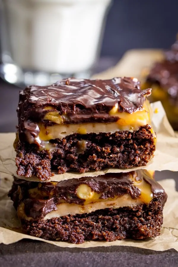 Snickers Brownies - recipe here: http://www.simplystacie.net/2015/03/snickers-brownies/