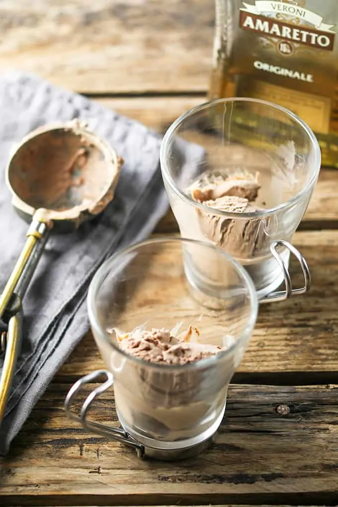 Chocolate and Amaretto Affogato - A boozy dessert-meets-coffee with a scoop of chocolate ice cream.