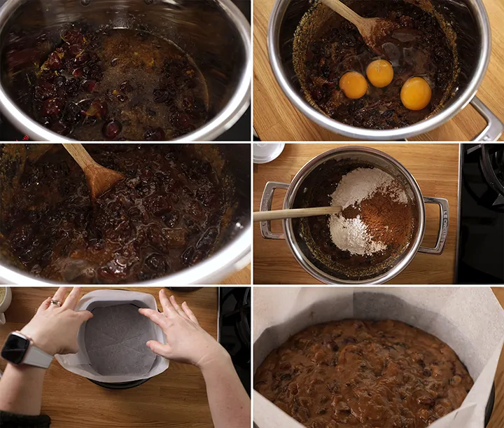 6 image collage of making a fruit christmas cake