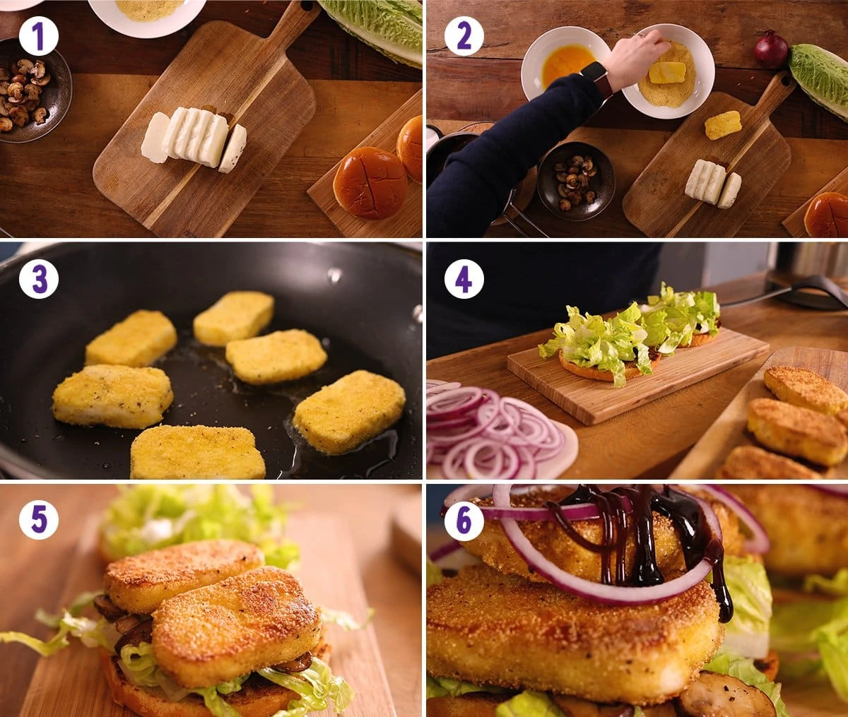 6 image collage showing how to make crispy halloumi burgers