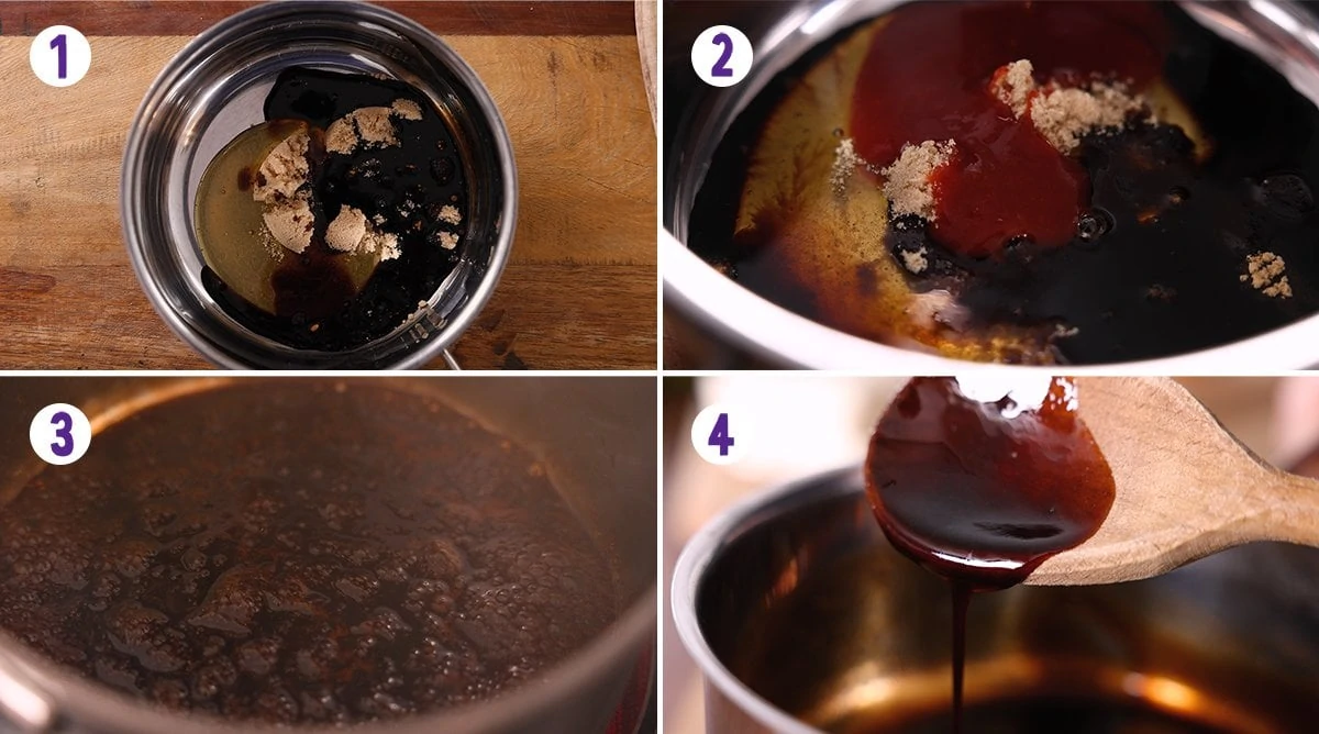 4 image collage showing how to make sticky spicy sauce for my halloumi burger.