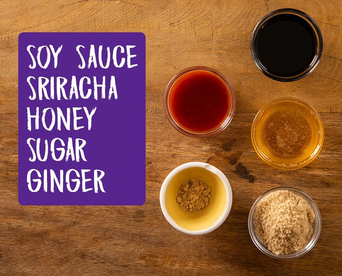 Ingredients for sticky chilli glaze on a wooden table