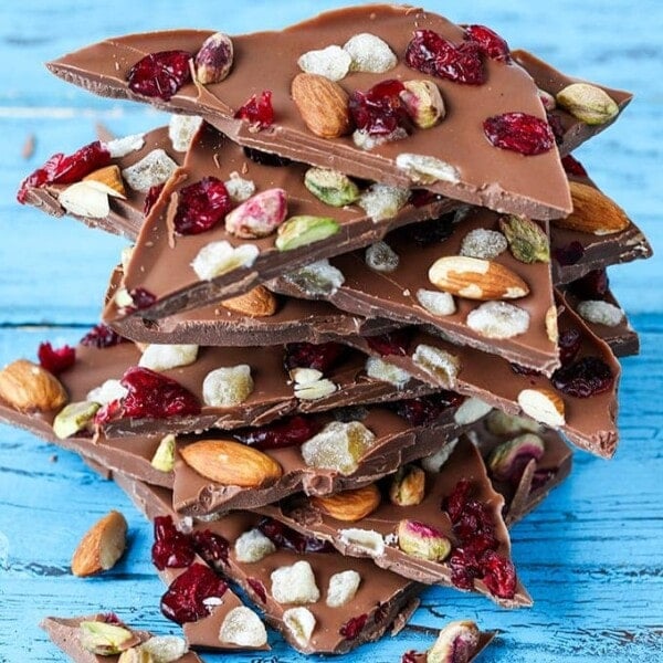 Chocolate Bark - A simple chocolate treat with nuts, cranberries and crystallized ginger - perfect as a homemade Christmas gift or just to enjoy with a glass of wine!
