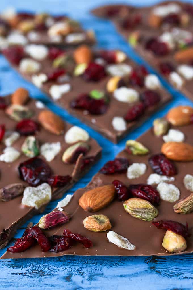 Chocolate Bark - A simple chocolate treat with nuts, cranberries and crystallized ginger - perfect as a homemade Christmas gift or just to enjoy with a glass of wine!