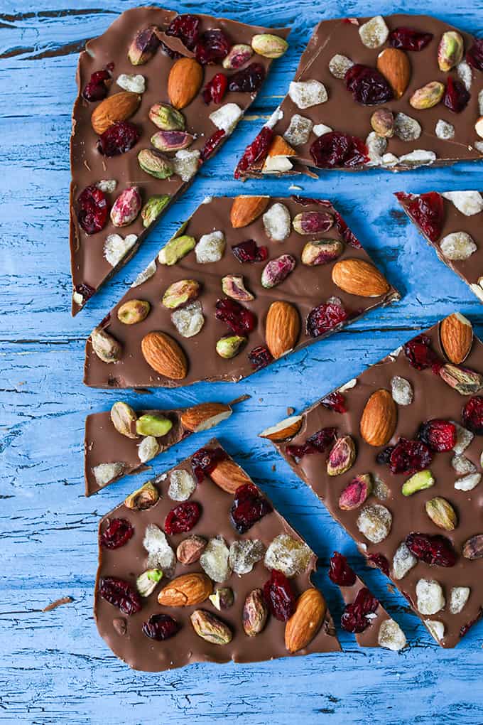 Chocolate Bark - A simple chocolate treat with nuts, cranberries and crystallized ginger - perfect as a homemade Christmas gift or just to enjoy with a glass of wine!