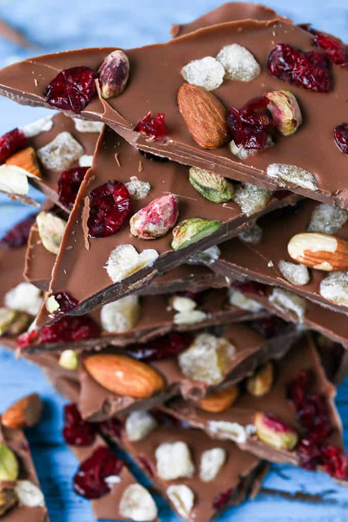 Chocolate Bark - A simple chocolate treat with nuts, cranberries and crystallized ginger - perfect as a homemade Christmas gift or just to enjoy with a glass of wine!