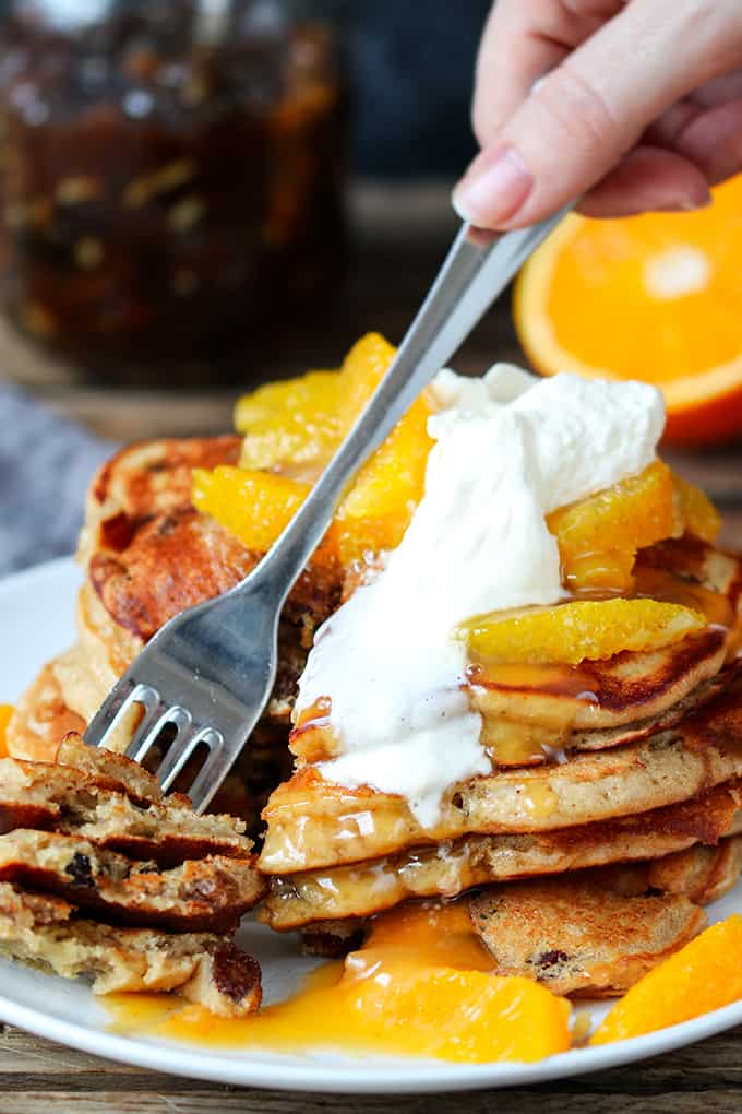 Mincemeat Pancakes with Orange Butter Sauce - A tasty breakfast to use up that leftover sweet mince pie filling!