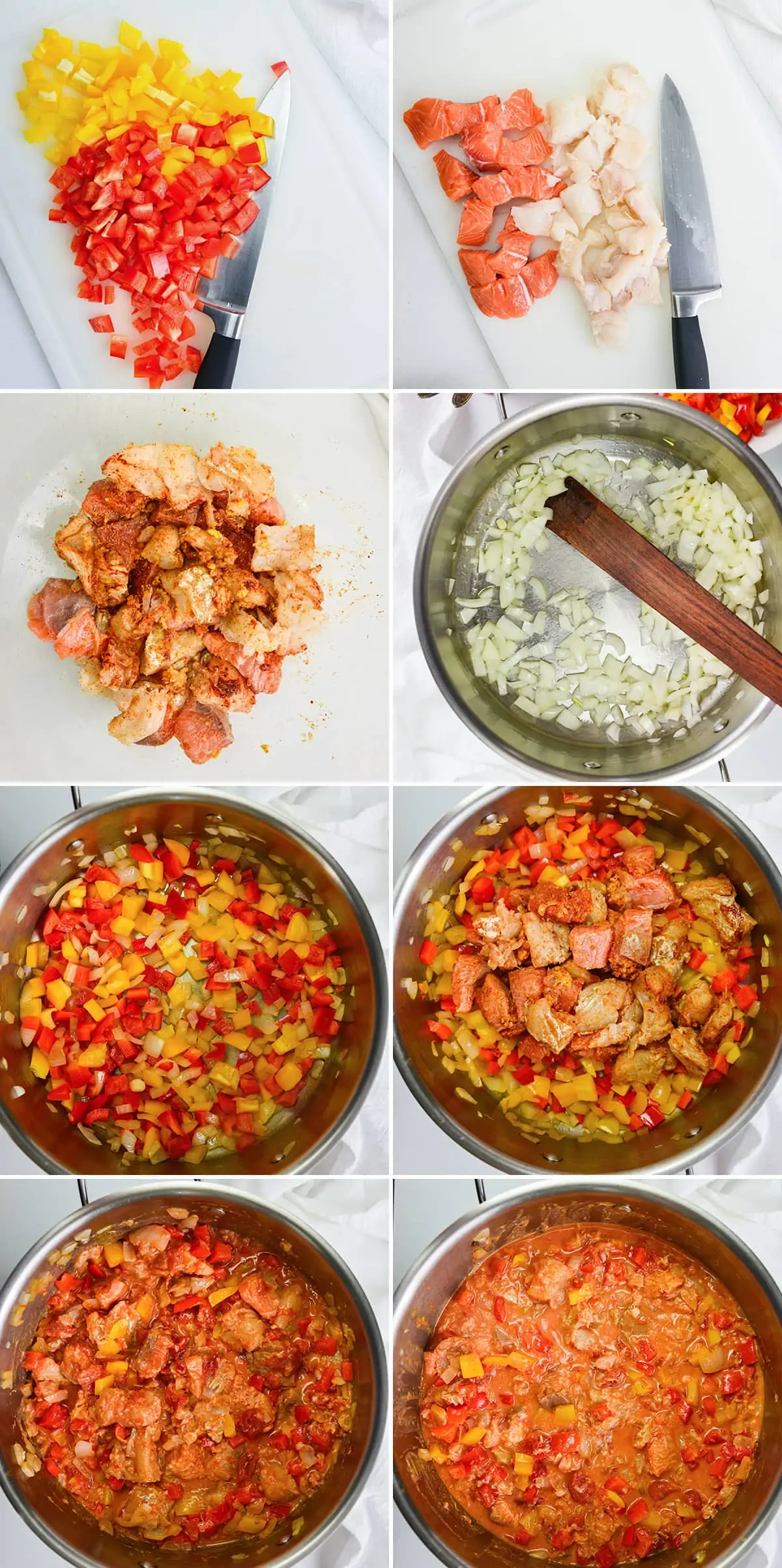 8 image collage showing how to make fish stew.