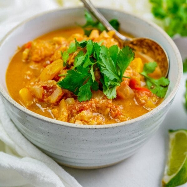 Fish stew in a white bowl on a light surface. There is a spoon in the bowl and the stew is topped with coriander.