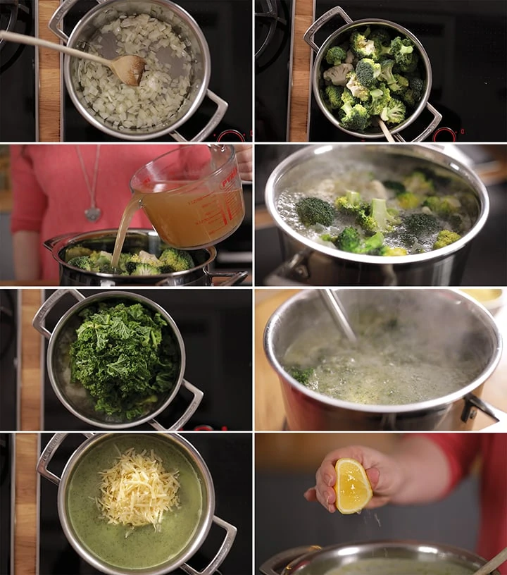 8 image collage showing how to make broccoli soup