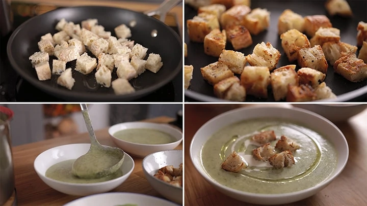4 image collage showing the making of croutons and placing on top of broccoli soup