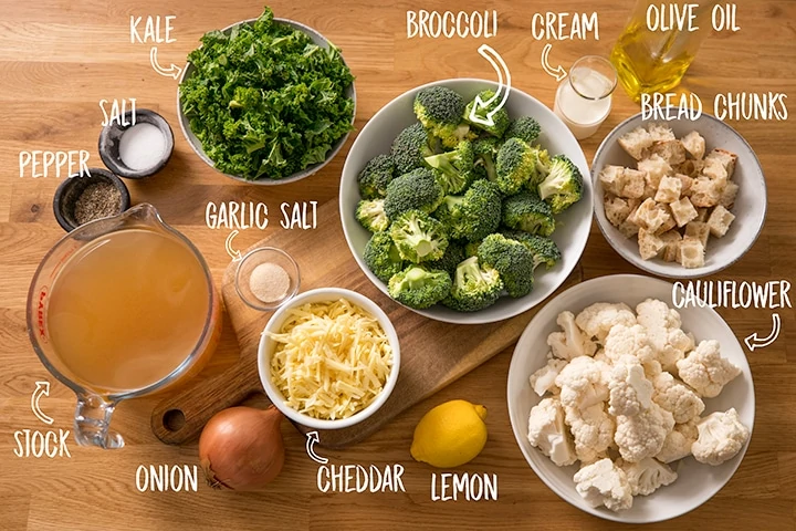 Ingredients for broccoli soup on a wooden table