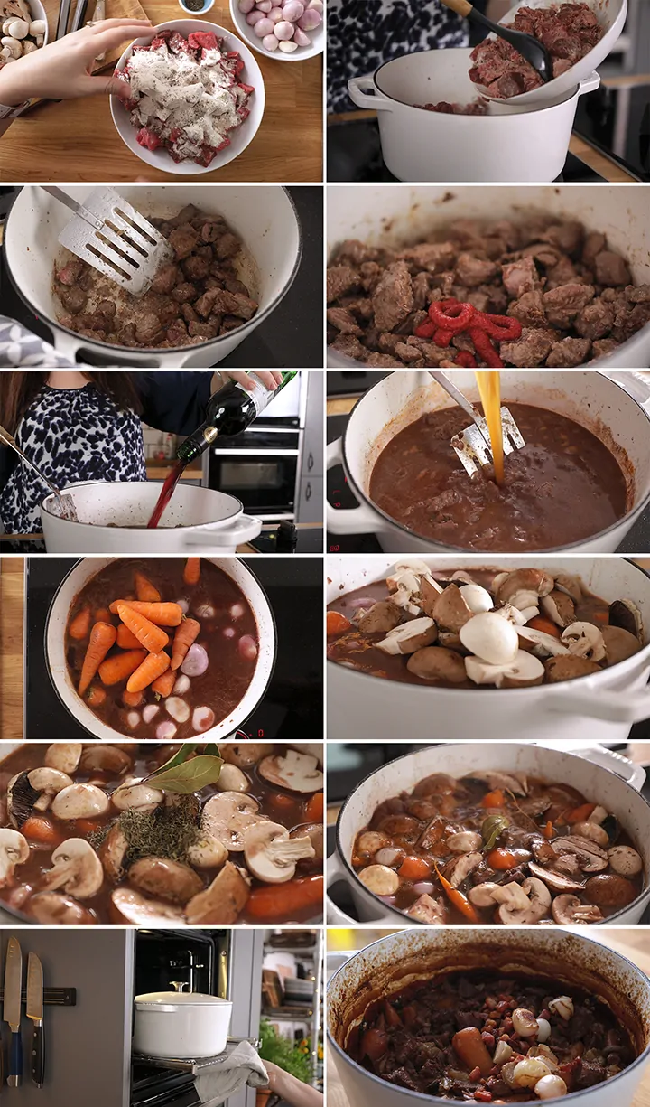 12 image collage showing the steps to make beef bourguignon
