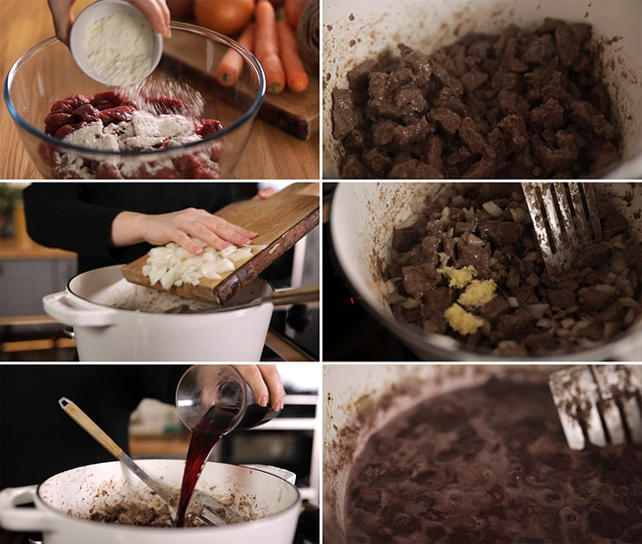 6 image collage showing initial process steps for making scottish beef stew