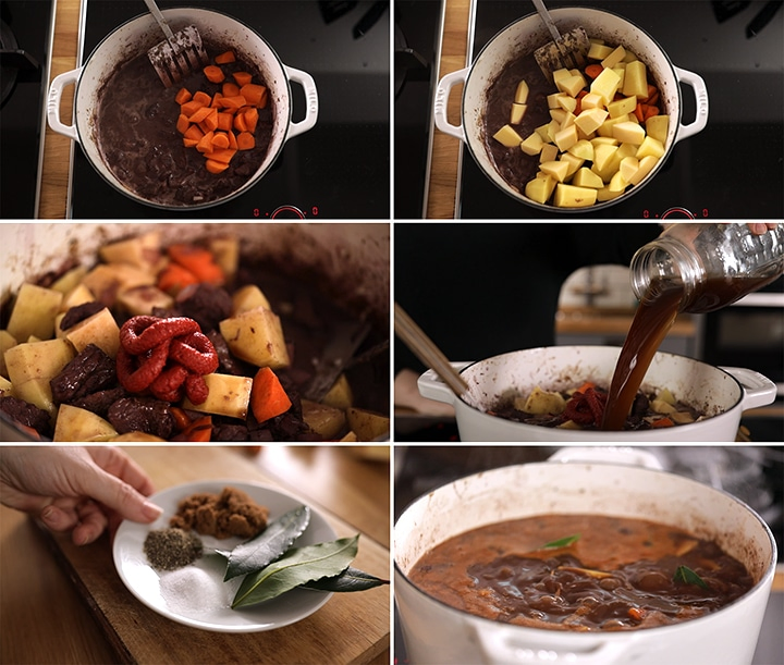 6 image collage showing final process steps for making scottish beef stew