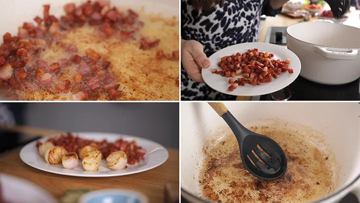 4 image collage showing cooking of pancetta and shallots