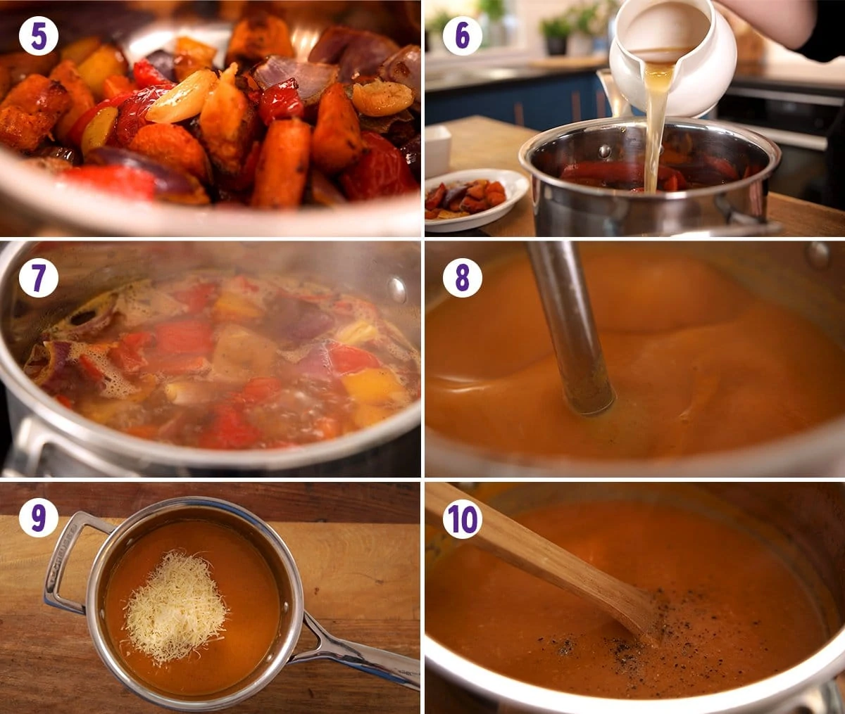 6 image collage showing how to make Roasted vegetable soup