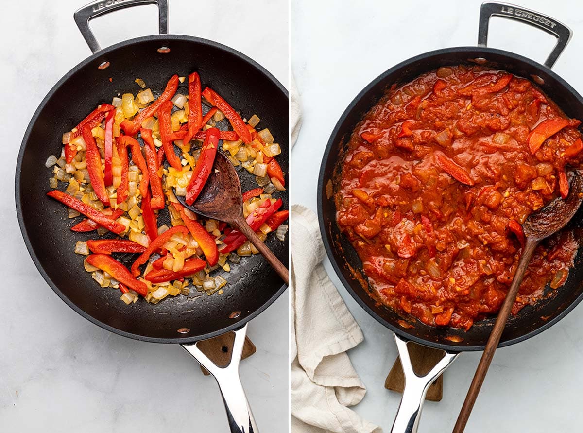 Two image collage showing initial steps of making shakshuka - frying onions and peppers in a pan, then adding the rich tomato sauce to the pan.