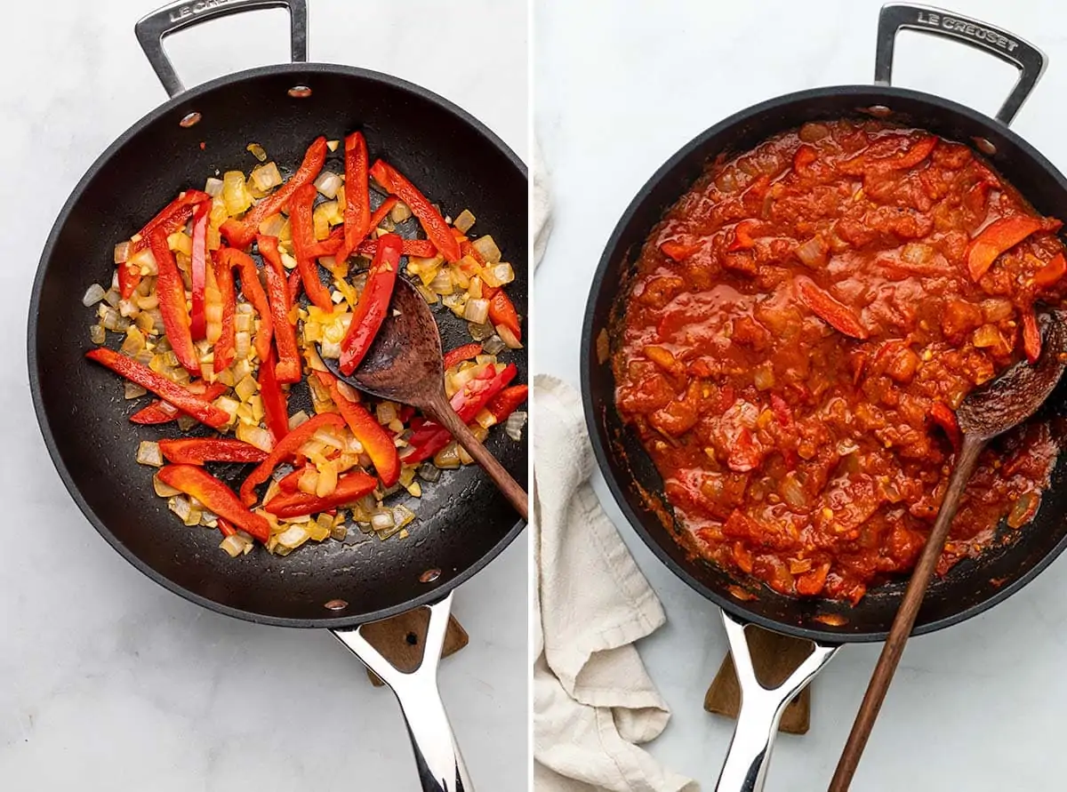 Two image collage showing initial steps of making shakshuka - frying onions and peppers in a pan, then adding the rich tomato sauce to the pan.