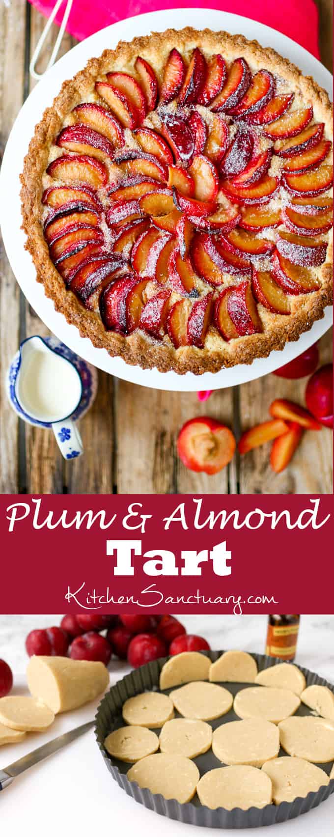 A fruit plum tart with almond frangipane and crumbly sweet pastry.
