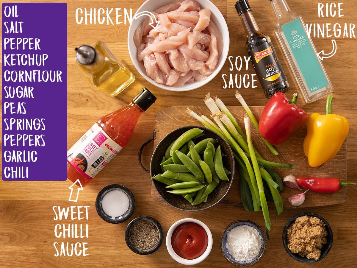 Ingredients for quick chicken stir fry on a wooden table