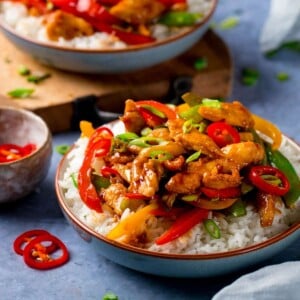 chicken stir fry in a bowl with rice