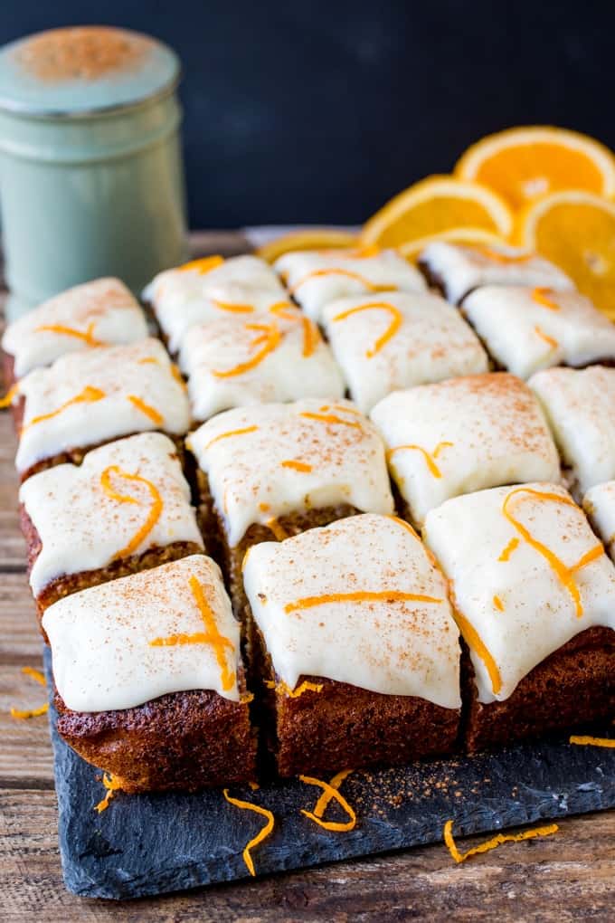 carrot tray bake on a slate board