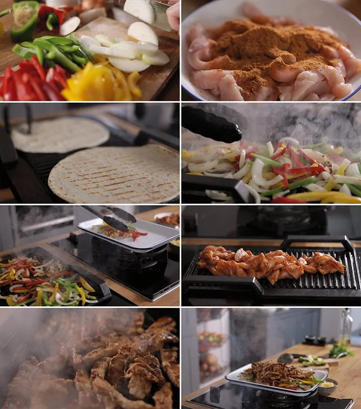 8 image collage showing how to make chicken fajitas