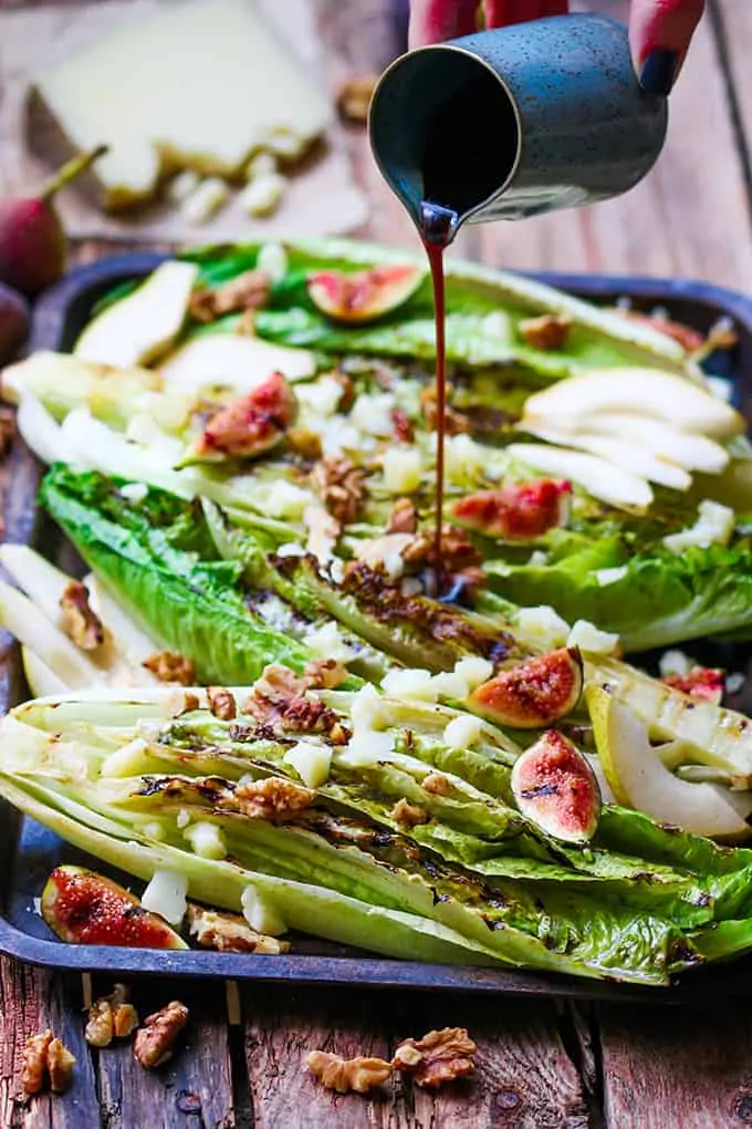 Grilled Romaine Hearts with Figs, Pear and Manchego