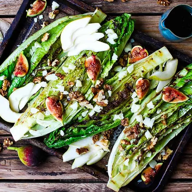 Grilled Romaine Hearts with Figs, Pear and Manchego