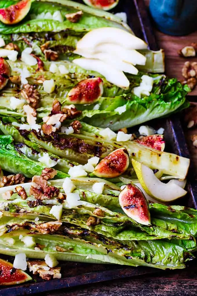 Grilled Romaine Hearts with Figs, Pear and Manchego