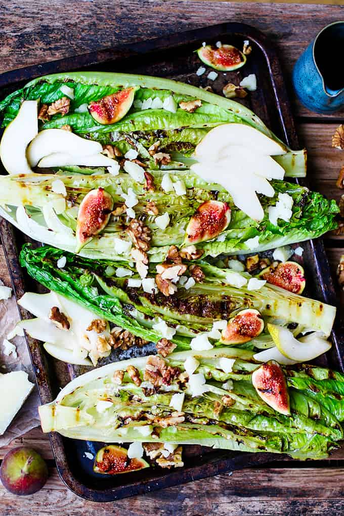 Grilled Romaine Hearts with Figs, Pear and Manchego