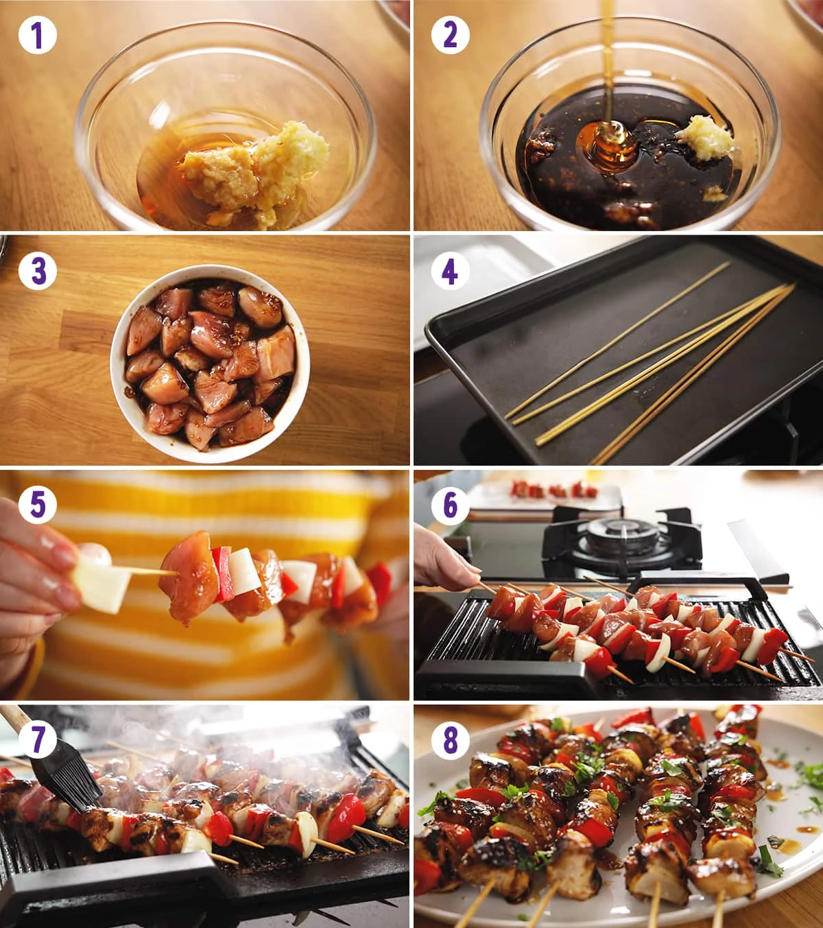 8 image collage showing how to make honey garlic chicken skewers