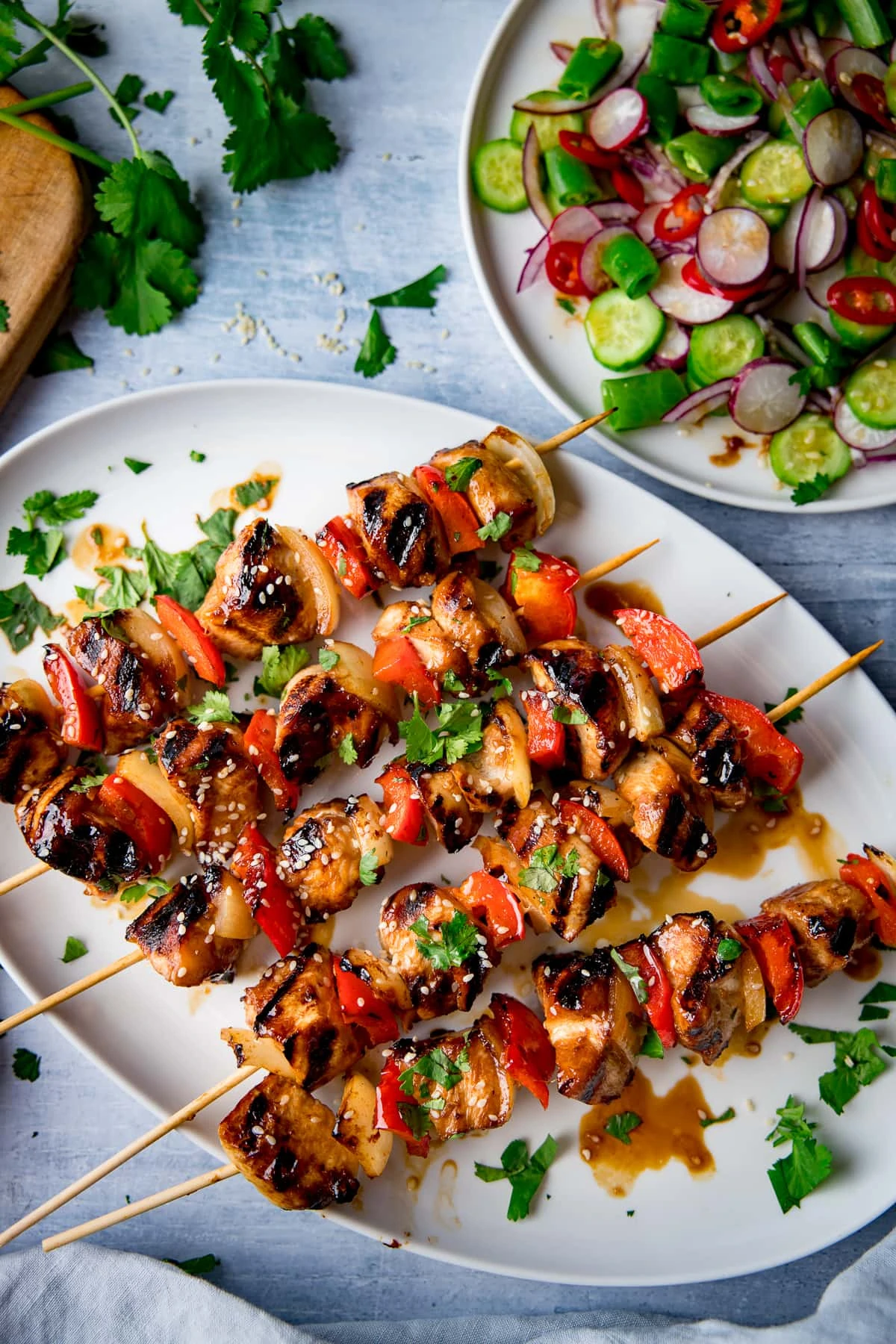 honey garlic chicken skewers on a plate