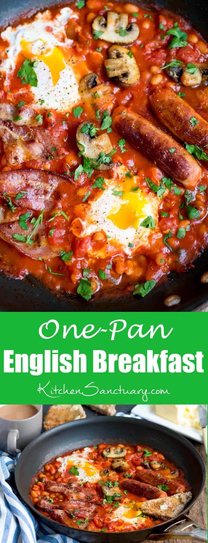 One-Pan English Breakfast with dippy eggs.