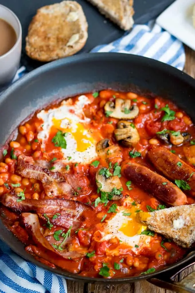 One-Pan English Breakfast with dippy eggs.