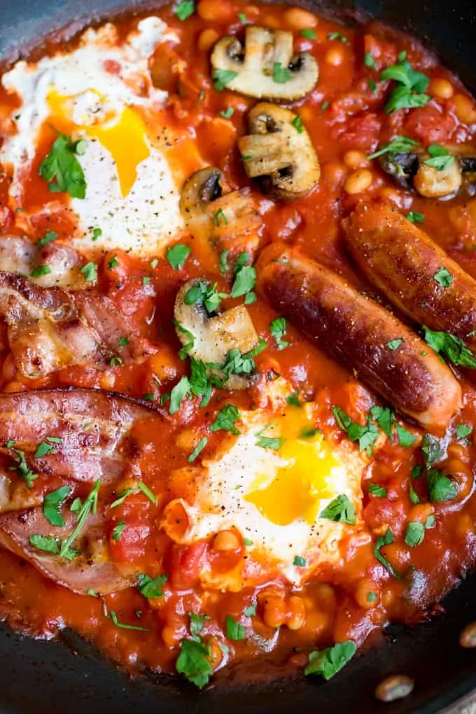 One Pan English Breakfast with dippy eggs.