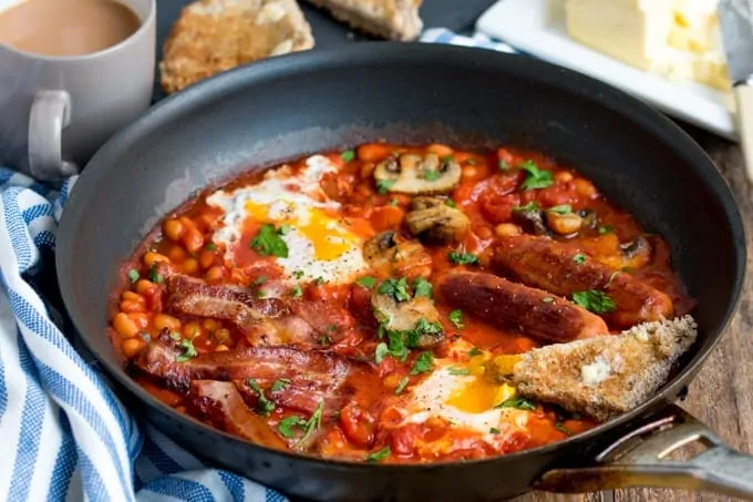 One-Pan English Breakfast with dippy eggs.