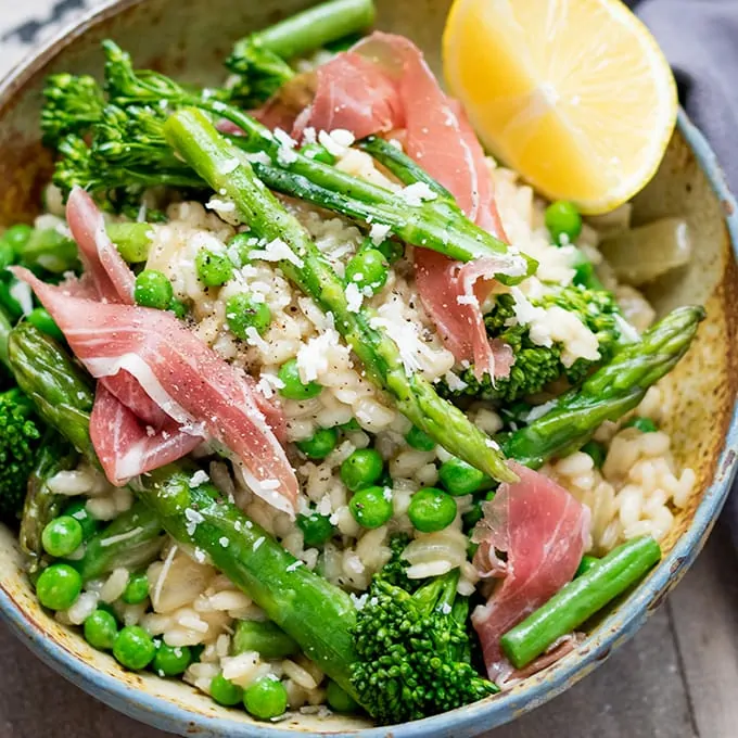 Spring Vegetable Risotto with Proscuitto - light and full of flavour!